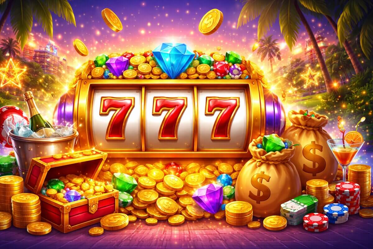 Neon casino-style abstract scene with virtual coins and slot reels